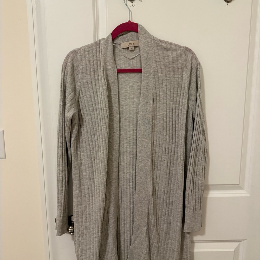 LOFT Light Gray Ribbed Cardigan